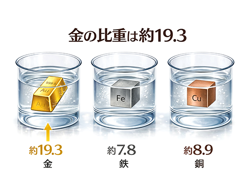金の比重は約19.3 鉄の比重は約7.8 銅の比重は約8.9