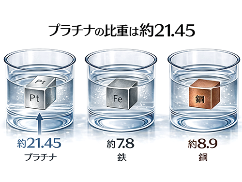 プラチナの比重は約21.45 鉄の比重は約7.8 銅の比重は約8.9