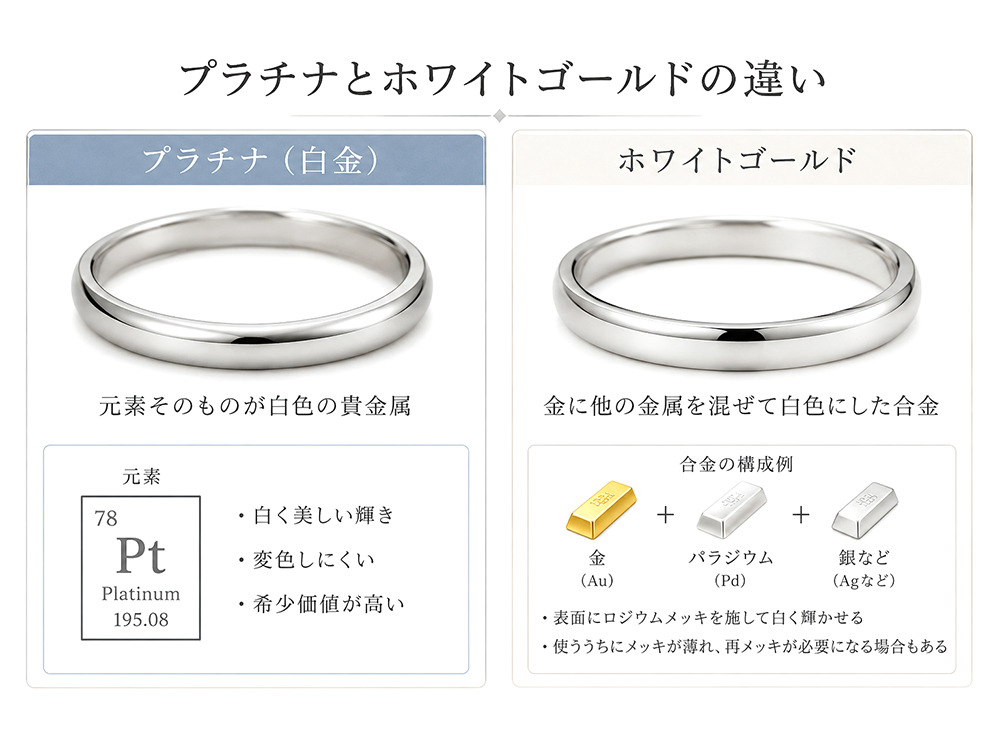 プラチナとホワイトゴールドの違いを比較イメージ