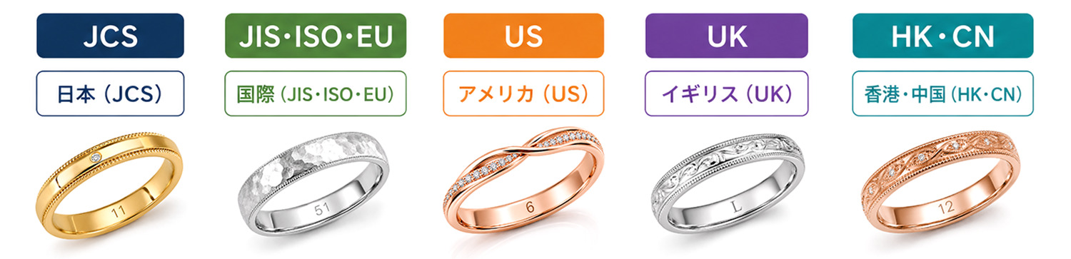 日本と海外の指輪サイズ刻印の違い（JCS・JIS・ISO・EU・US・UK・HK・CN）