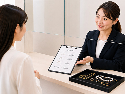 ジュエリーの査定額について説明を受ける様子
