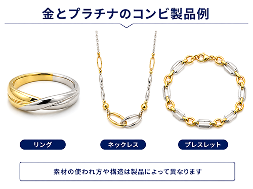 金とプラチナを組み合わせたコンビリング、ネックレス、ブレスレットの例