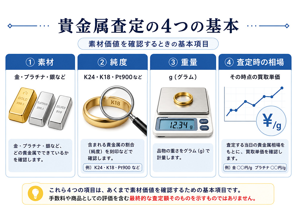金属の素材価値を確認する際の素材・純度・重量・査定時の相場の4つの基本項目