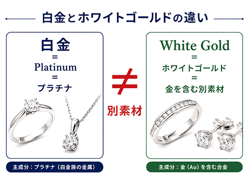 白金はプラチナを意味しホワイトゴールドとは別素材であることを示した比較