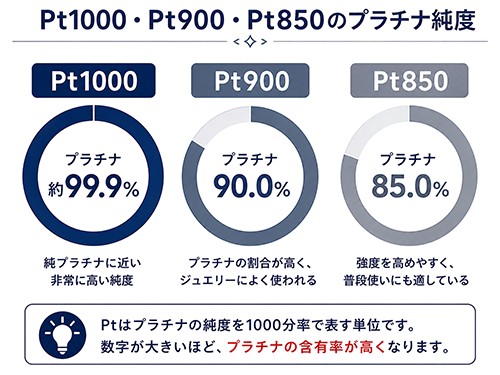 Pt1000は約99.9%、Pt900は約90.0%、Pt850は約85.0%のプラチナを含むことを示した純度比較